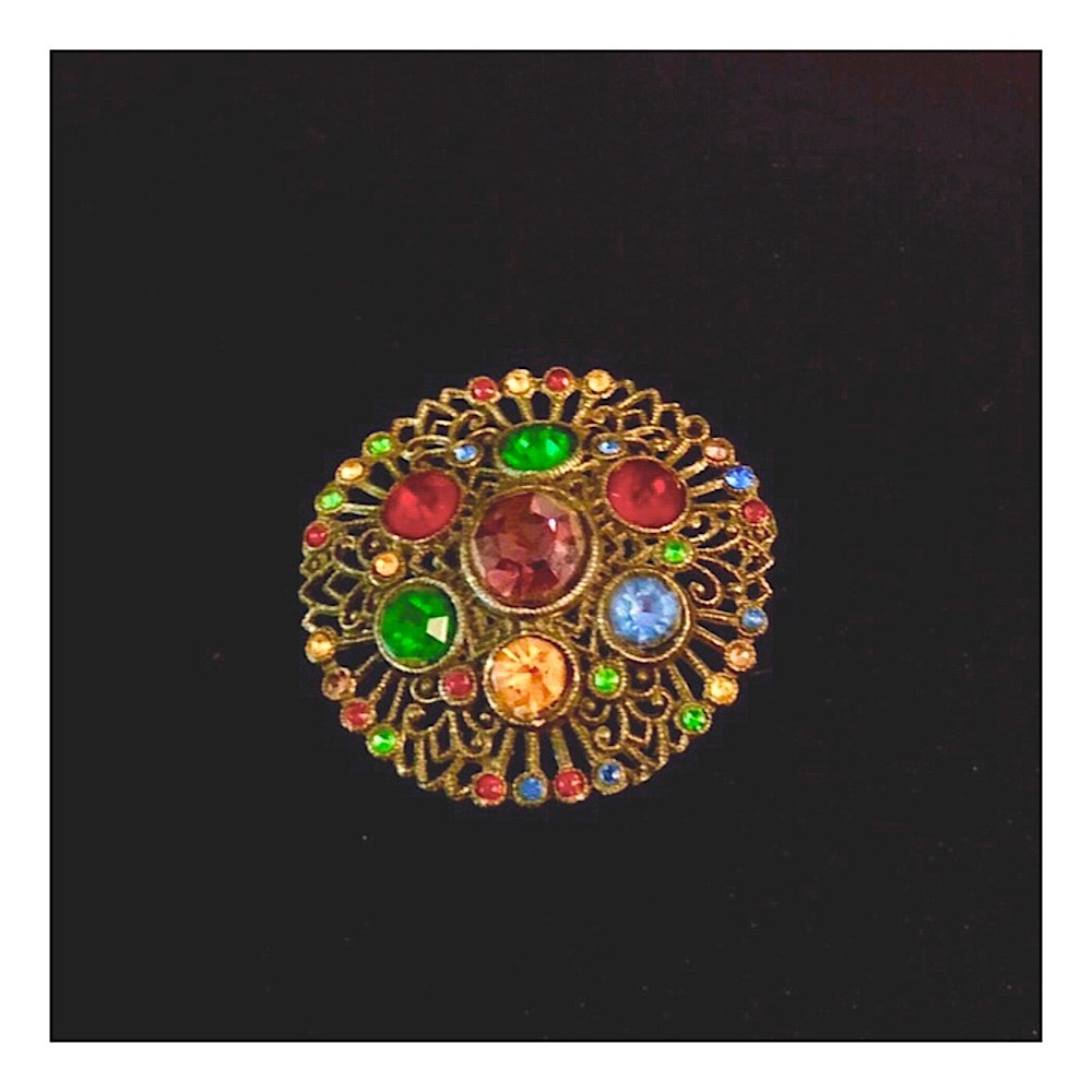 1950’s Mid Century Gold Multi Colored Fruit Salad Brooch, 2” x 2”